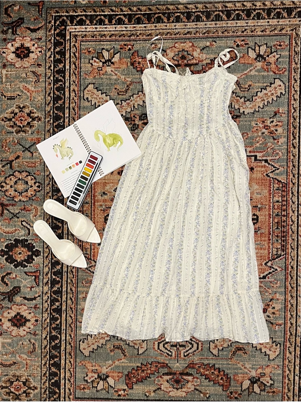 Lulu's White Maxi Dress with Light Blue Floral Stripes